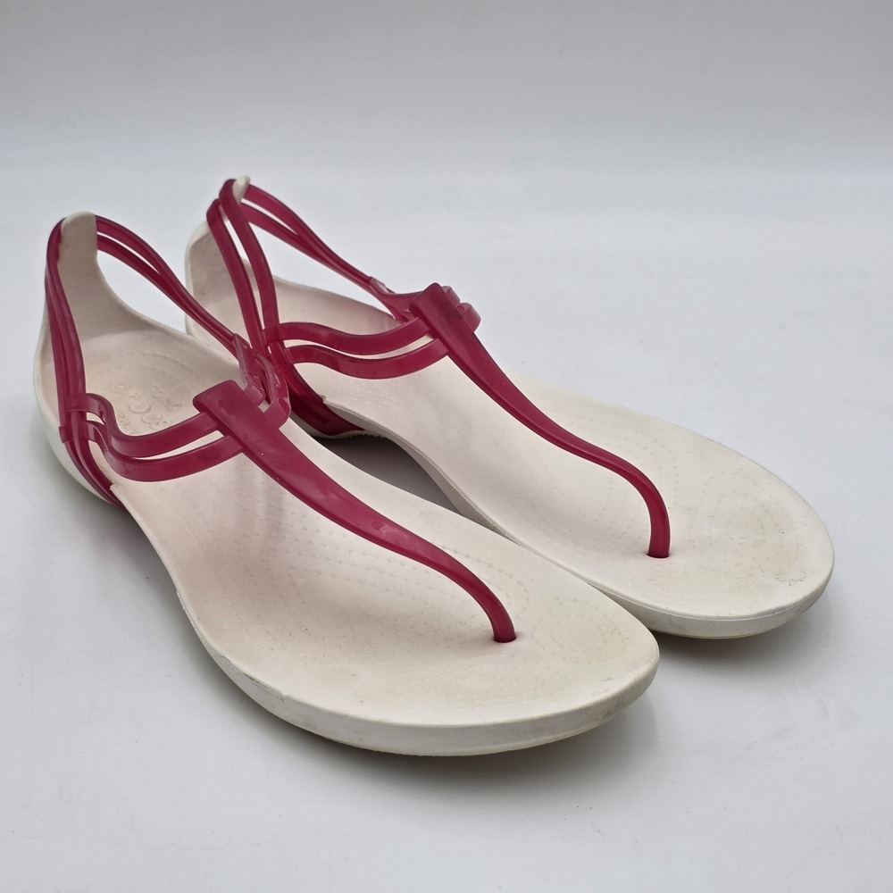 Crocs Isabella T-Strap Sandals Women 9 Berry Oyster Slip On Thong Iconic SEE PHO